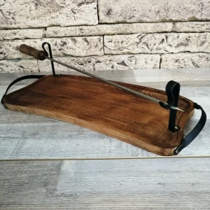 Wooden Tray with Handles for Barbecue, Iron Skewer with Wood Grip, Top Gift for Dad